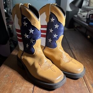 J. B. Dillon Boots Kids Sz 12.5 Brown American Flag Cowboy Western Square Toe.